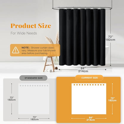 BTTN 84 Inch Wide Shower Curtain - W84xH72 Linen Textured Heavy Duty Fabric Cloth Shower Curtain Set with 14 Plastic Hooks, Large Hotel Simple Waterproof Polyester Bath Curtains for Bathroom - Black