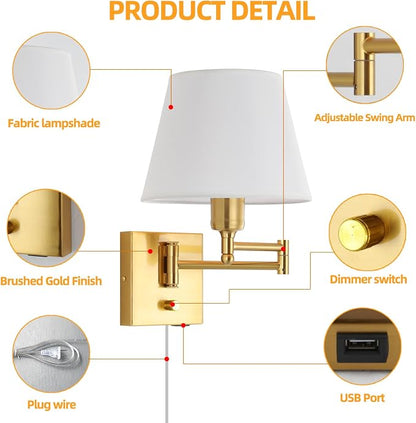 Bedside Wall Mount Light with Dimmable Switch, Swing Arm Fabric Shade Wall Sconce Light with USB Port and Plug in Cord, Gold Wall Lamp for Bedroom, Living Room and Hotel