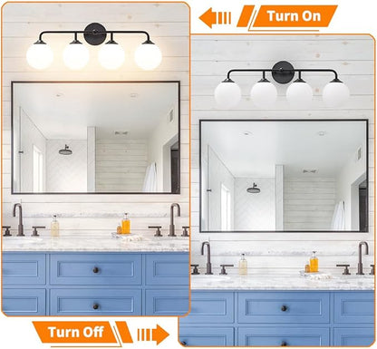 4-Lights Black Vanity Lights with Milky White Globe Glass Shade, Industrial Bathroom Wall Sconces Light over Mirror, Vanity Lighting Fixture for Bathroom Dressing Table Bedroom Living Room