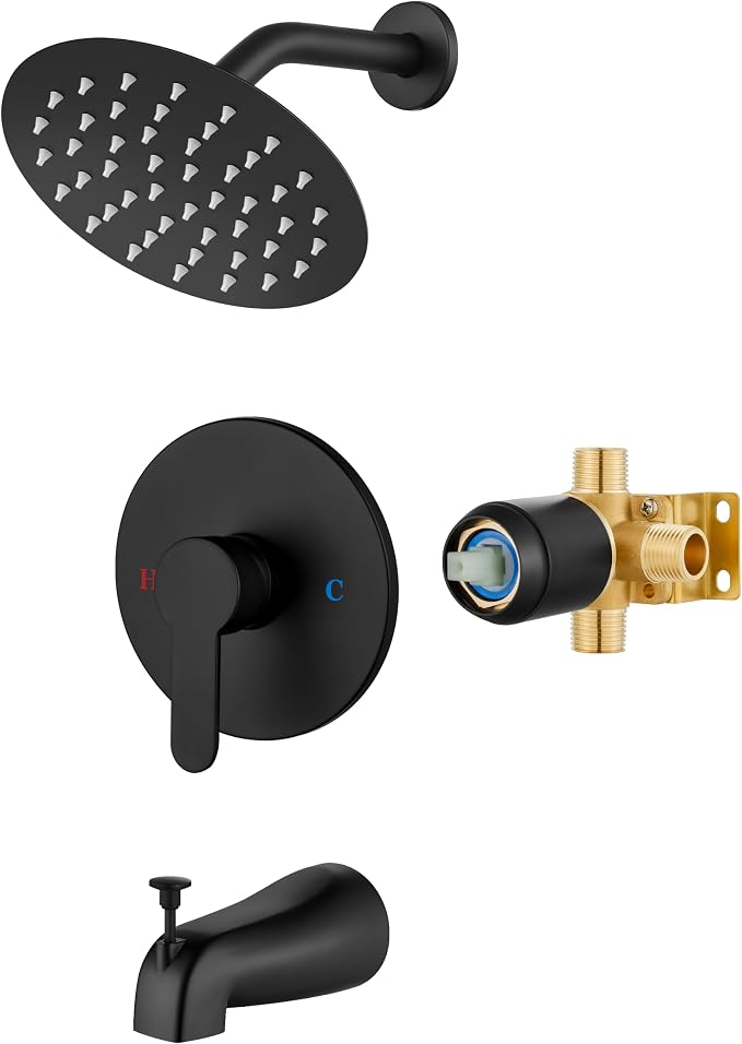 Airuida Shower Faucet Set with Tub Spout,6" Bathtub Faucet-Matte Black | Male Threads Rough-In Valve,Round Head Shower System,Tub and Shower Kit Set