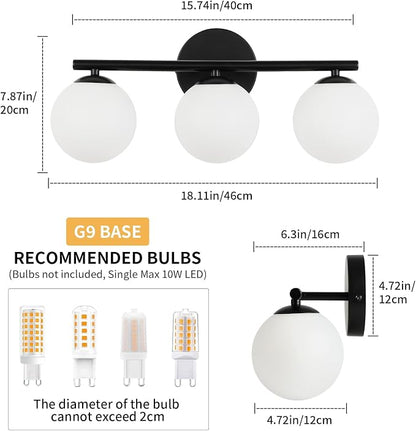 foucasal Black 3-Light Globe Bathroom Vanity Light Fixture Over Mirror | G9 Socket, Plastic Milk Globe Shades, 4.72" Base, 10W Max, Adjustable Up/Down Light, Mid Century Style for Bathroom Bedroom