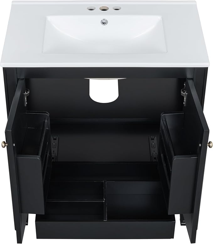 Christopher Knight Home Benton 30" Bathroom Vanity with Ceramic Sink, Rubberwood Frame, Adjustable Shelves, Soft Close Door Hinges, Storage Cabinet with 2-Tier Door Organizer, 1 Drawer, Black