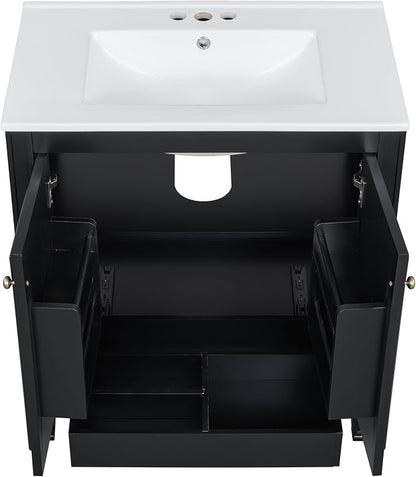 Christopher Knight Home Benton 30" Bathroom Vanity with Ceramic Sink, Rubberwood Frame, Adjustable Shelves, Soft Close Door Hinges, Storage Cabinet with 2-Tier Door Organizer, 1 Drawer, Black