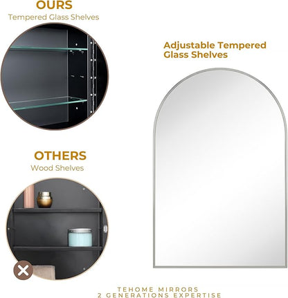 TEHOME 24 x 36'' Brushed Nickel Arch Bathroom Medicine Cabinet with Mirror Recessed and Surface Mounted Medicine Cabinet Mirror