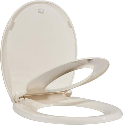 Round Toilet Seat for Adult and Child, Built-In Potty Training with Soft Quiet Close Non-Slip Design, Magnetic Children's Seat for Round/Oval Toilets, Almond, Easy to Install and Clean