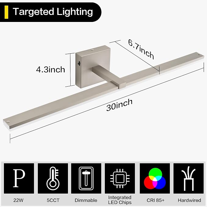 30 Inch Modern Vanity Light for Bathroom Brushed Nickel Over Cabinet Arm Extra Wide LED Bar 5CCT Selectable CRI85+ ETL