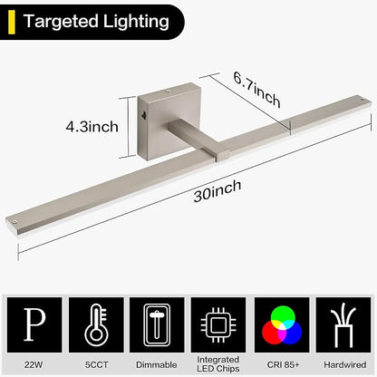 30 Inch Modern Vanity Light for Bathroom Brushed Nickel Over Cabinet Arm Extra Wide LED Bar 5CCT Selectable CRI85+ ETL