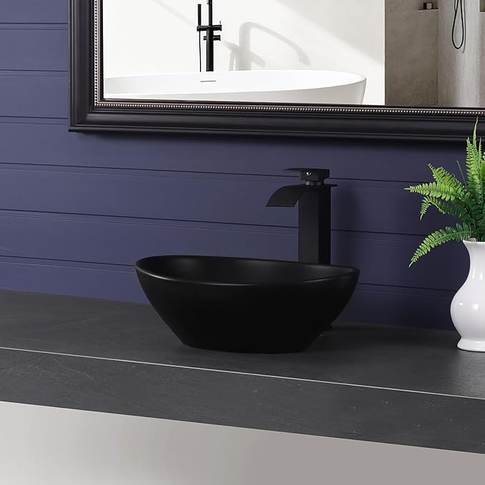 Vessel Sink 16"x13" Oval Bathroom Sink Modern Black Porcelain Ceramic Above Counter Drop-in Vanity Sink for Bathrooms Art Basin