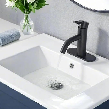 HOTIS Matte Black Bathroom Faucet, Single Hole Bathroom Sink Faucet with Pop-up Drain, Suitable for 1 or 3 Hole Installation, Single Handle for Bathroom Sink, RV and Vanity, HT-HJ-052B-D