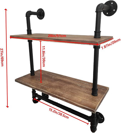 Industrial Pipe Shelf,2 Tiered Metal Towel Racks for Bathroom,20" Industrial Pipe Floating Shelves Shelving,Rustic Wood Wall Mount Shelf with Bar,Iron Towel Holder