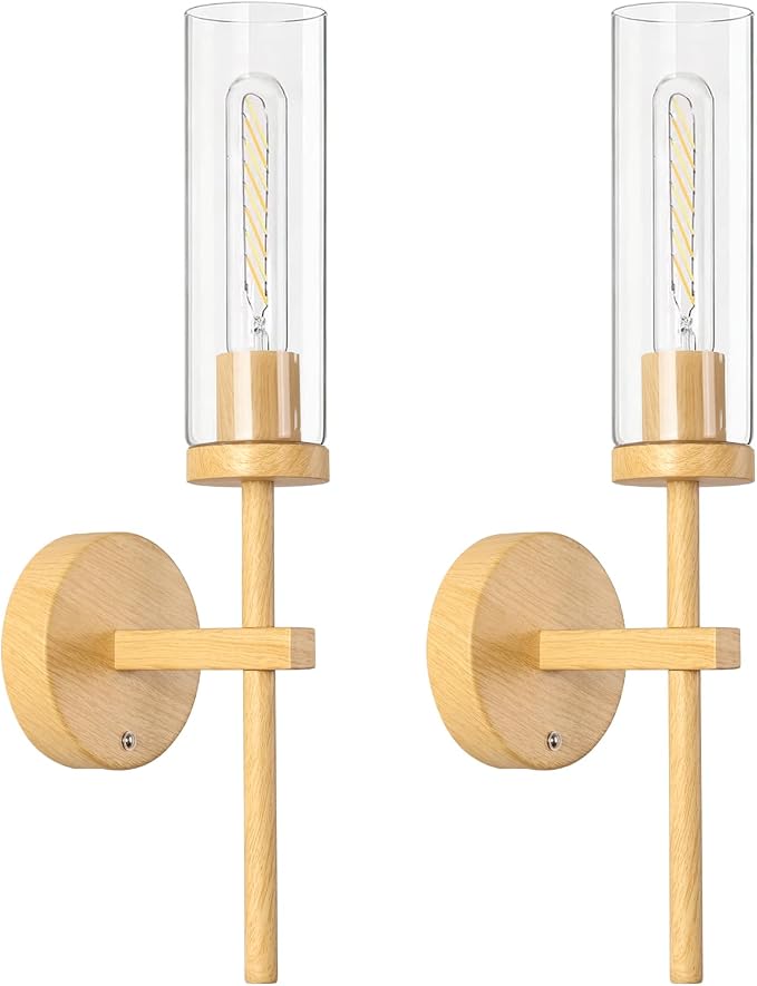 Shenmoyl Battery Operated Wall Sconces Set of 2, Beech Color Rechargeable Wall Lighting Fixtures, Dimmable Wall Lights with Remote & Clear Glass Shade for Living Room, Bathroom,Bedroom