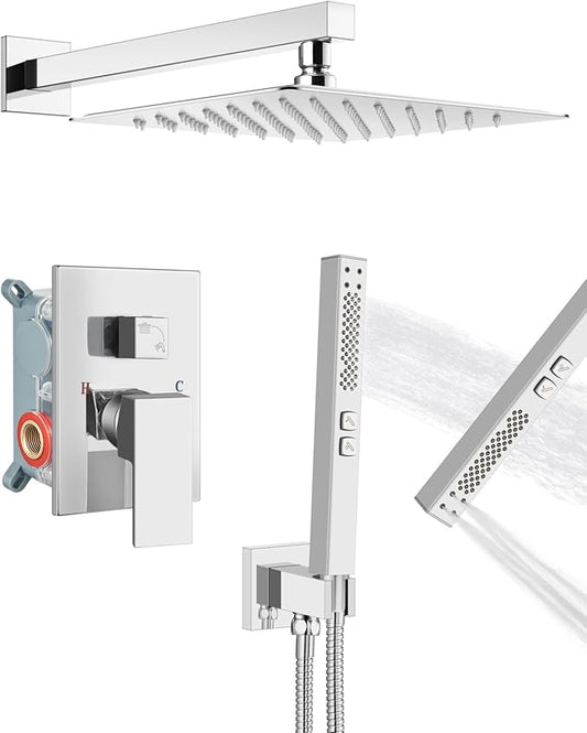 Shower Faucet Set Rainfall Shower System with Square Showerhead and Handle Set Fixture with 2 in 1 Function Handheld Sprayer Wall Mounted Trim Repair Kit Rough-in Valve 10 Inch Polish Chrome