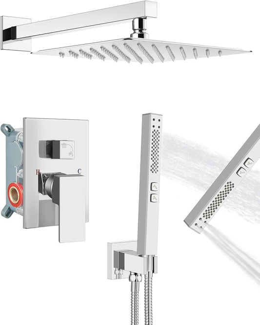 Shower Faucet Set 12-Inch Rain Shower System Polish Chrome | Square SUS304 Shower Head, Dual-Mode Hand Spray, 59-Inch Hose and Brass Rough-In Valve for a Complete Wall-Mount Installation