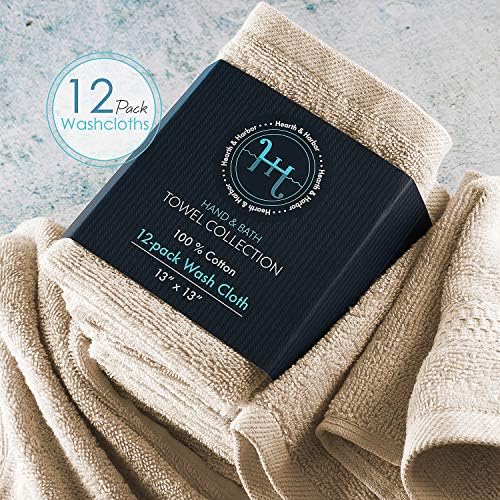 Hearth & Harbor Washcloths 12 Pack - 100% Cotton Washcloth for Body and face, High Absorbent and Soft 13"x13" Body Wash Cloth, Quick Dry - Cream Washcloths