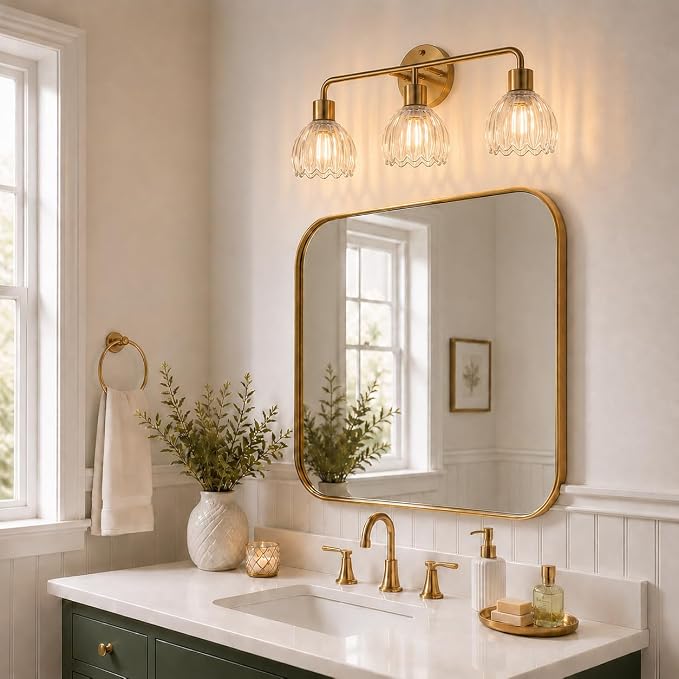 3-Light Gold Brass Bathroom Light Fixture with Clear Tulip Glass Shade,Wall Sconces,Vintage Vanlity Light Over Mirror,Bathroom Wall Light,E26 Socket(Bulbs Not Included)