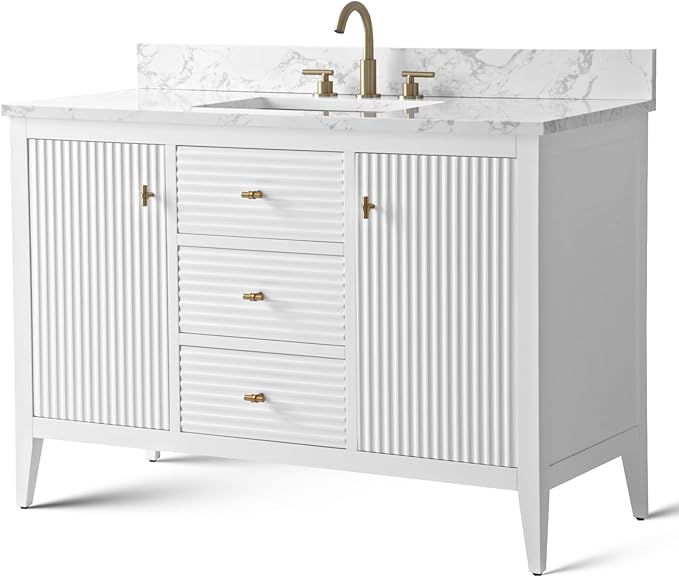 Vanity Art 48 inch Bathroom Vanity with Single Sink & Ceramic Top, Vanity Cabinet with Soft-Closing Door, Solid Wood Frame, Linear Pattern, White, Golden Brushed Handware VA9148-W-GB