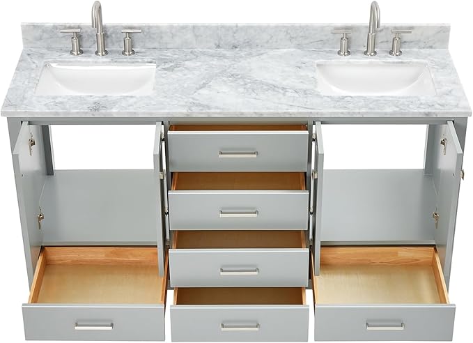 ARIEL Cambridge 66-inch Bathroom Vanity with Sink,Solid Wood, 0.75-inch Italian Carrara Marble Countertop, Double Rectangular Porcelain Sink, 4 Soft Closing Doors, 6 Dovetail Drawers, Grey