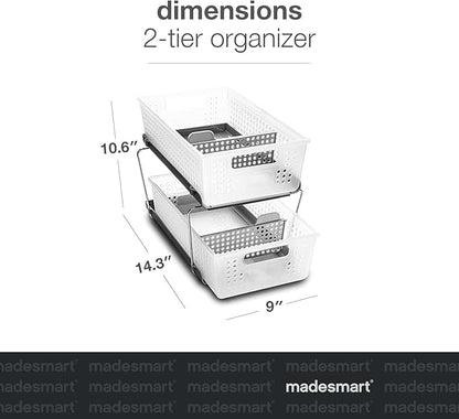 madesmart 2 Tier Organizer, Under Cabinet Storage with Pull Out Sliding Drawers, for Cleaning Supplies, Pantry, Undersink, Sponges, Bottles & Bath, Pull Out Baskets, Frost 2 PACK
