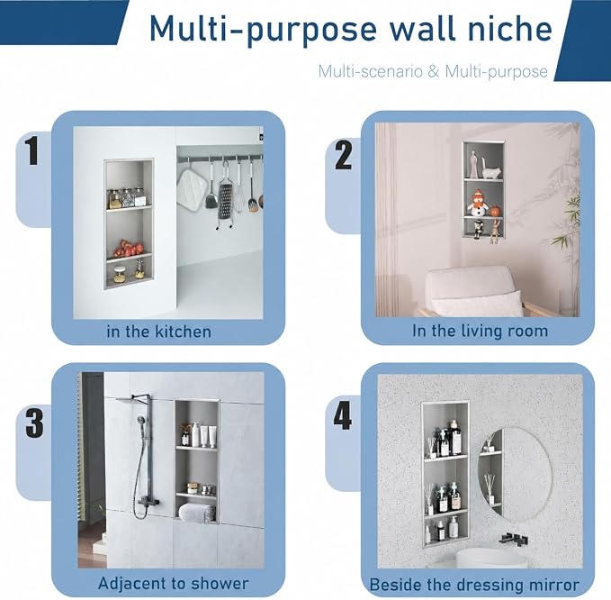 30 x 12 Inch Shower Niche, Brushed Stainless Steel Recessed Wall Niche, No Tile Needed Built-in Shower Shelf, 3-Tier Bathroom Storage Organizer, Waterproof Rustproof