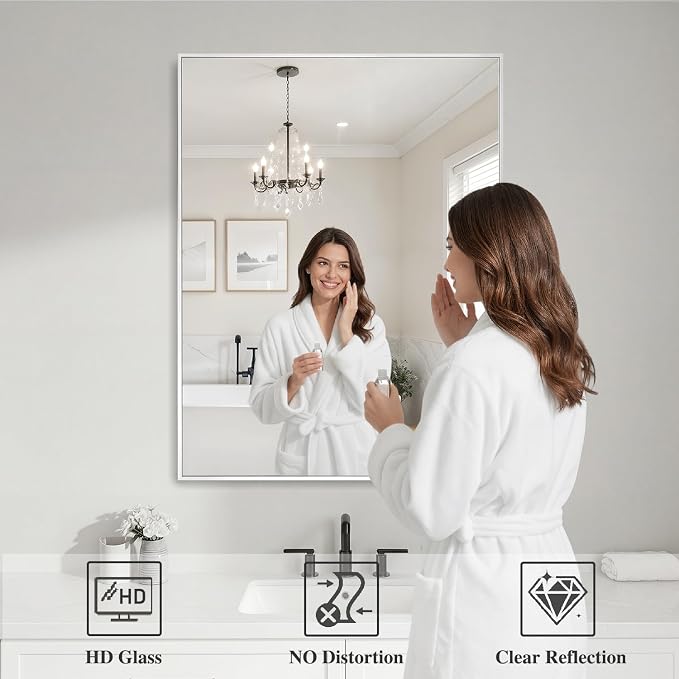Koonmi White Rectangle Wall Mirror, 30x36 Inch Bathroom Mirror, Aluminum Frame Vanity Mirror for Entryway, Living Room, Bedroom Bathroom, Hangs Horizontally or Vertically