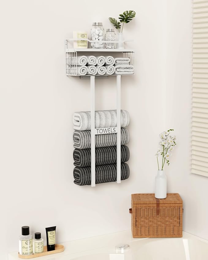 Aetyord Towel Racks for Bathroom 31inch Wall Mounted Towel Rack,Floating Shelf with Wood Plank,Towel Storage for Bathroom Can Holds 6 Large Rolled Towels,All White