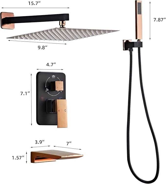 Shower Faucet Set Complete with Tub Spout Matte Black and Rose Gold Shower System with 10 inch Rainfall Shower Head and Handheld Shower Rain Shower Combo for Bathroom Wall Mounted