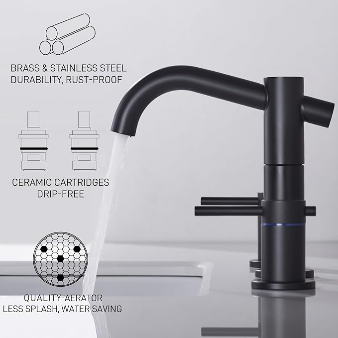 Black Bathroom Faucet 3-Hole, 2-Handle 8 Inch Widespread Matte Black Bathroom Sink Faucet with 360° Swivel Crossing Spout, with Metal Overflow Drain & cUPC Waterline