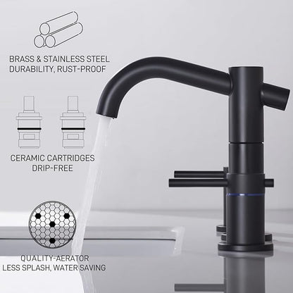 Black Bathroom Faucet 3-Hole, 2-Handle 8 Inch Widespread Matte Black Bathroom Sink Faucet with 360° Swivel Crossing Spout, with Metal Overflow Drain & cUPC Waterline