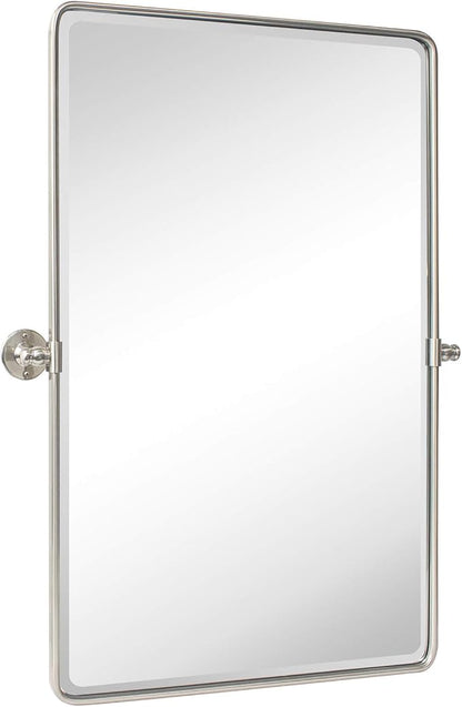 TEHOME Brush Nickel Pivot Rectangle Bathroom Vanity Mirrror Farmhouse Tiltable Rounded Metal Framed Pivoting Bathroom Mirror with Beveled Mirrror, Overall 26.91 x 35 inches (Mirrror 23 x 35 inches)