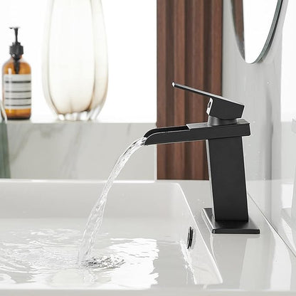 BWE Black Bathroom Faucet Waterfall Single Handle Bathroom Faucet One Hole Bathroom Sink Faucet with Supply Line Lavatory Vanity Mixer Tap Deck Mounted Matte Black