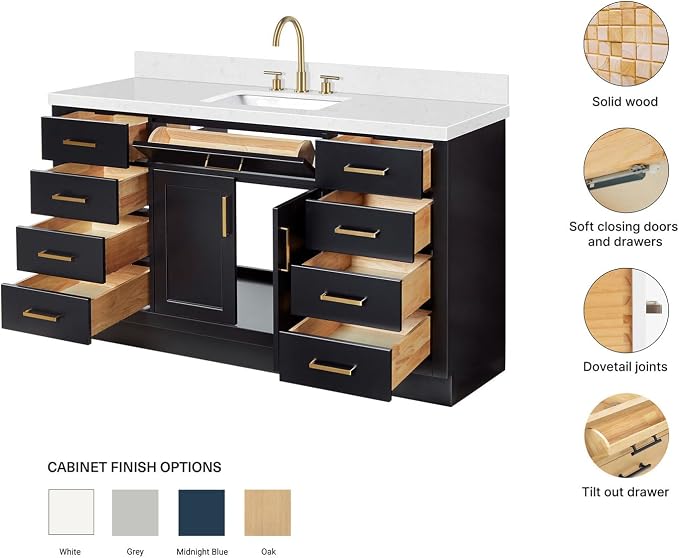 ARIEL Hepburn 60-inch Bathroom Vanity with Sink,Solid Wood, 1.5-inch Carrara White Quartz Countertop & Backsplash, Single Rectangular Porcelain Sink, 2 Soft Closing Doors, 9 Dovetail Drawers, Black
