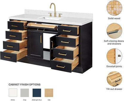ARIEL Hepburn 60-inch Bathroom Vanity with Sink,Solid Wood, 1.5-inch Carrara White Quartz Countertop & Backsplash, Single Rectangular Porcelain Sink, 2 Soft Closing Doors, 9 Dovetail Drawers, Black