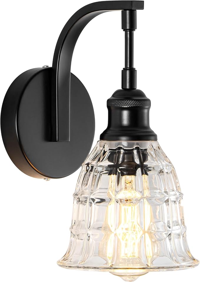 Modern Black Wall Sconce, Bathroom Vanity Fixture with Clear Glass | Vintage Vanity Light for Bathroom, Indoor Wall Lamps for Living Room Bedroom Kitchen Hallway Stairway E26 Hardwire