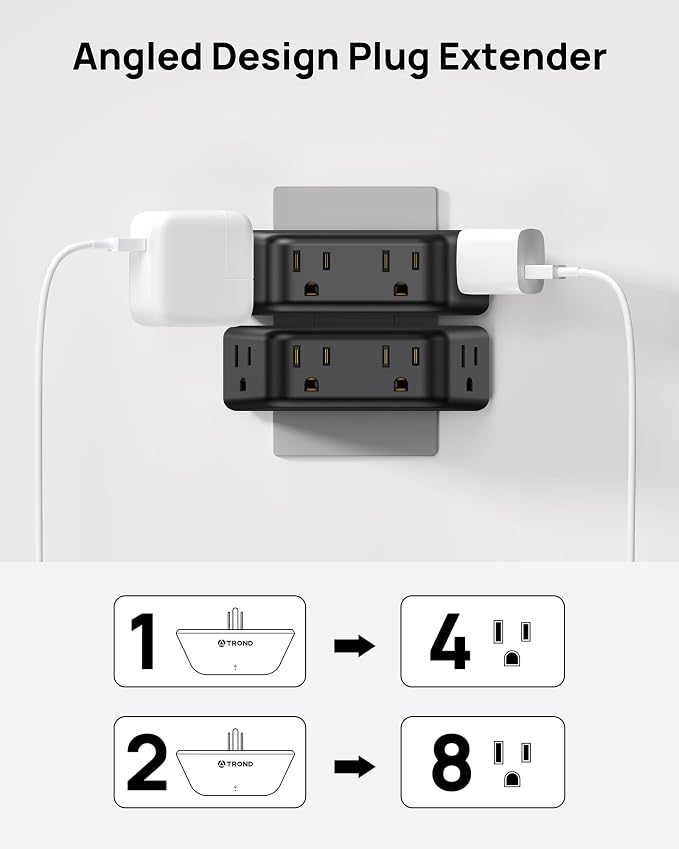 TROND Black Outlet Extender Surge Protector 2 Pack, Multi Plug Wall Outlet | 4 Grounded Sockets, Angled Wall Plug Splitter, Space-Saving, 900J, Multiple Adapter for Home Office Travel Dorm Room