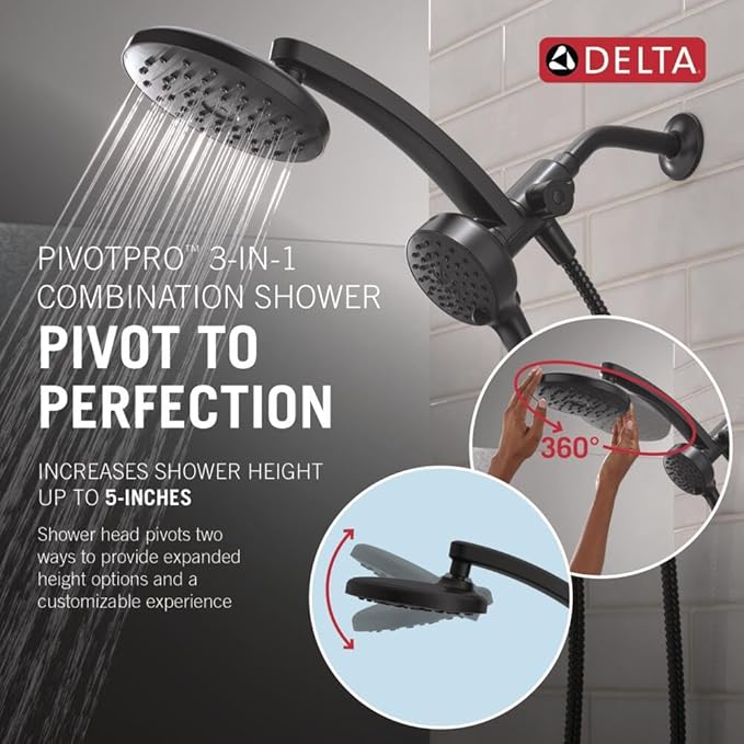 Delta 6-Setting PivotPro 3-in-1 Combination Shower Head with ProClean Spray, Matte Black Round Shower Head Rainfall with Handheld Spray, 1.75 GPM, Matte Black 75648BL