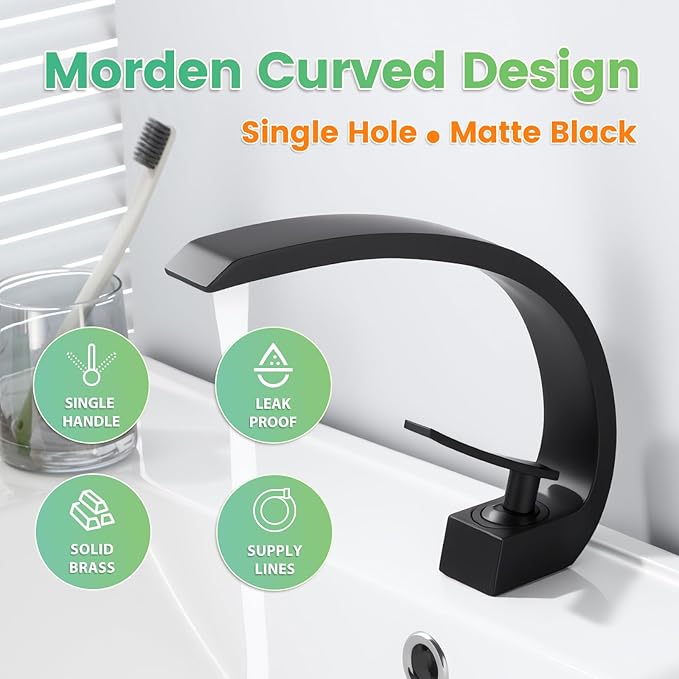 Bathroom Sink Faucet Modern Single Hole 1-Handle Faucet, Matte Black Solid Brass Faucets,Unique Bathroom faucets Mixer Tap