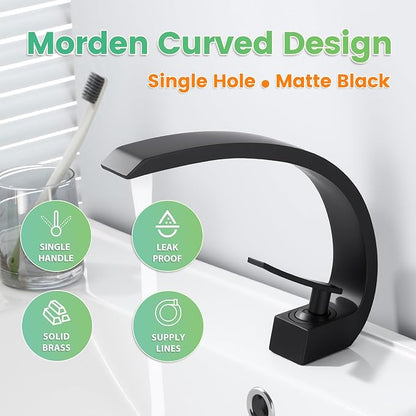 Bathroom Sink Faucet Modern Single Hole 1-Handle Faucet, Matte Black Solid Brass Faucets,Unique Bathroom faucets Mixer Tap