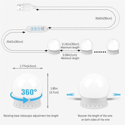 Hollywood Style LED Vanity Mirror Lights, USB Makeup Fill Light Adjustable Brightness & Color, Stick On for Dressing Room Bathroom, 14 Bulbs