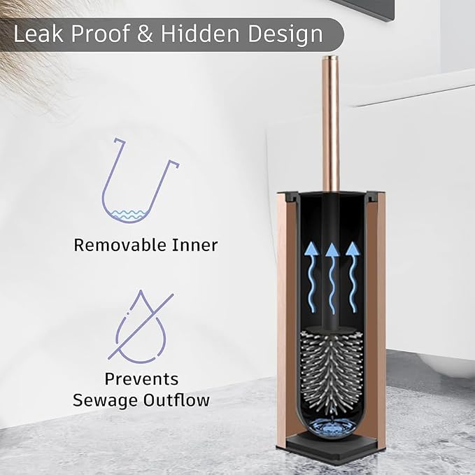 BGL Standing Toilet Brush and Holder Rose Gold Aluminium Toilet Bowl Cleaner Brush and Holder for Bathroom Storage and Organization, Square Design Sturdy and Space Saving