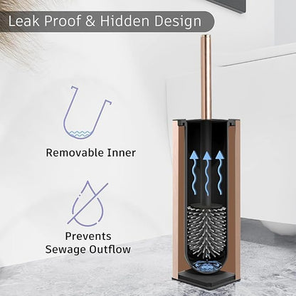 BGL Standing Toilet Brush and Holder Rose Gold Aluminium Toilet Bowl Cleaner Brush and Holder for Bathroom Storage and Organization, Square Design Sturdy and Space Saving