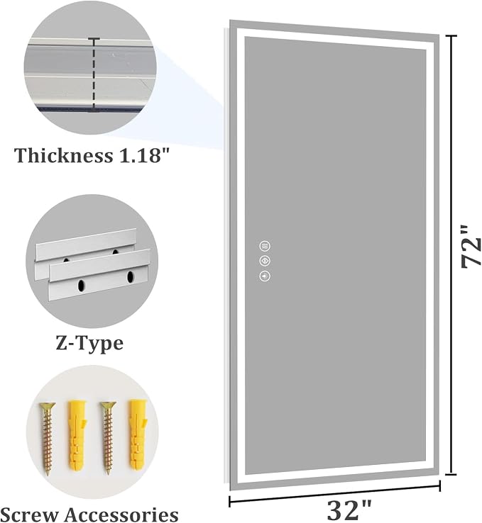 Koonmi 72x32 LED Bathroom Mirror with Light, Anti-Fog, 3 Colors | Backlit + Front Lit, Dimmable Brightness, Shatterproof HD Distortion-Free Tempered Glass, Hardware Included