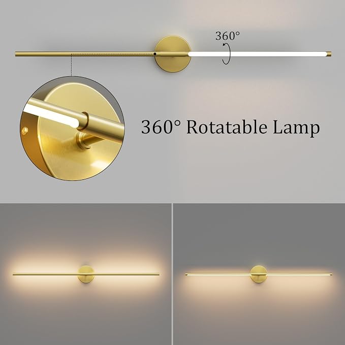 40In Modern Gold Bathroom Sconce Vanity Light Over Mirror Hardwired 3000K Bathroom Light Fixture 360° Rotatable for Bedroom Living Room