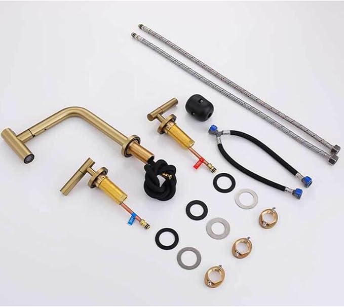 3 Hole Basin Faucets Pull Out Basin Mixer Faucet Brass 2 Mode Hot and Cold Water Double Handle Bathroom Mixer Faucet-Brushed Gold