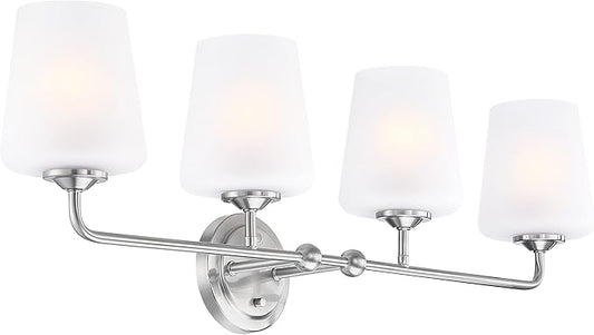 Design House Stasia Vanity Light, 4-Light, Sleek Modern Arms, Frosted Glass Glow, Dimmable, Dual-Mount Option, E26 Socket, Satin Nickel, 33.6 in L x 6.7 in W x 10.9 in H, 589309