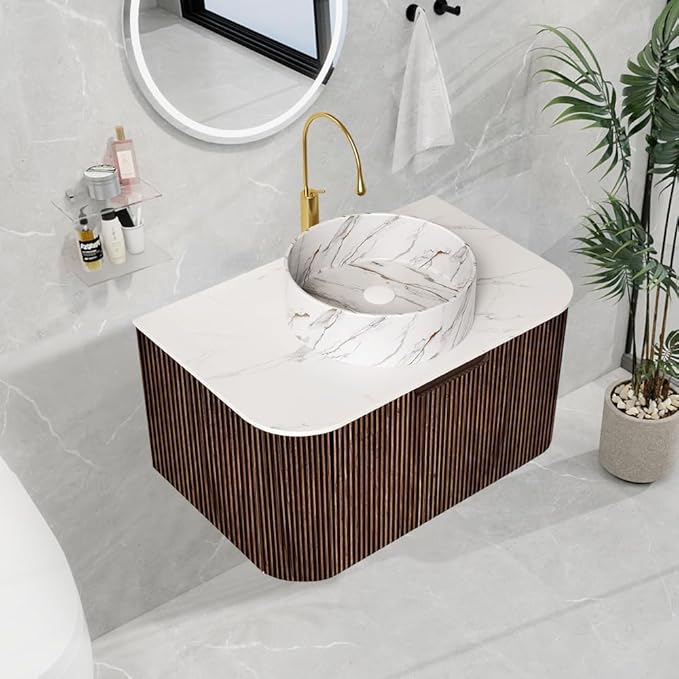 LKTART 30 Inch Floating Bathroom Vanity with Sink, Modern Wall Mounted Bathroom Storage Cabinet with Drawer, Stone Pattern Round White Ceramic Sink Top and Marble Texture Top, Walnut