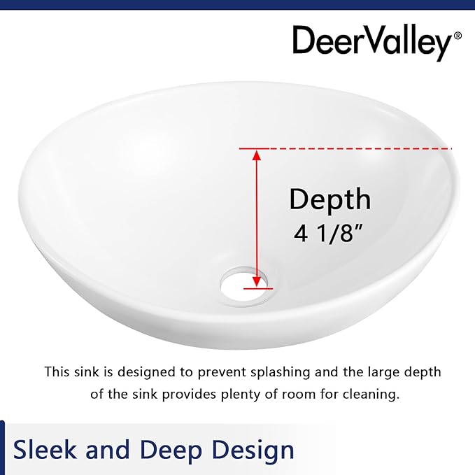DeerValley Bathroom Vessel Sink, 16" x 13" Oval White Ceramic Vessel Sink, Modern Egg Shape Above Counter Bathroom Vanity Bowl, Porcelain Bathroom Vessel Vanity Sink Art Basin, DV-1V051