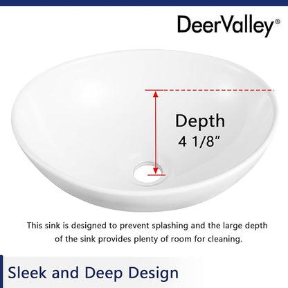 DeerValley Bathroom Vessel Sink, 16" x 13" Oval White Ceramic Vessel Sink, Modern Egg Shape Above Counter Bathroom Vanity Bowl, Porcelain Bathroom Vessel Vanity Sink Art Basin, DV-1V051