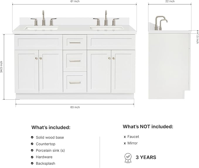 DKB Bradford 60" White Double Bathroom Vanity with Sink, 1.5" Edge Pure White Quartz Countertop, Rectangular Sinks, 2 Soft Closing Doors, 3 Dovetail Drawers, Brushed Nickel
