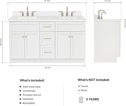 ARIEL Hamlet 60-inch Bathroom Vanity with Sink,Solid Wood, 1.5-inch Pure White Quartz Countertop & Backsplash, Double Rectangular Porcelain Sink, 4 Soft Closing Doors, 3 Dovetail Drawers, White