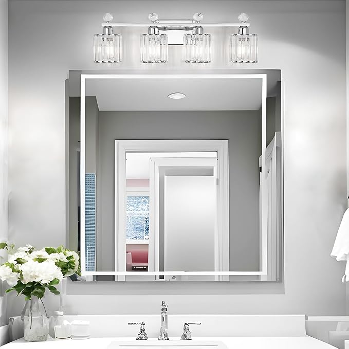 Lxybcce Bathroom Vanity Lights Over Mirror - Easy Installation with Clear Guide, 4-Light Shadow-Free Design, Chrome Crystal Finish - for Modern Home Bathroom Lighting Fixtures in DIY Projects